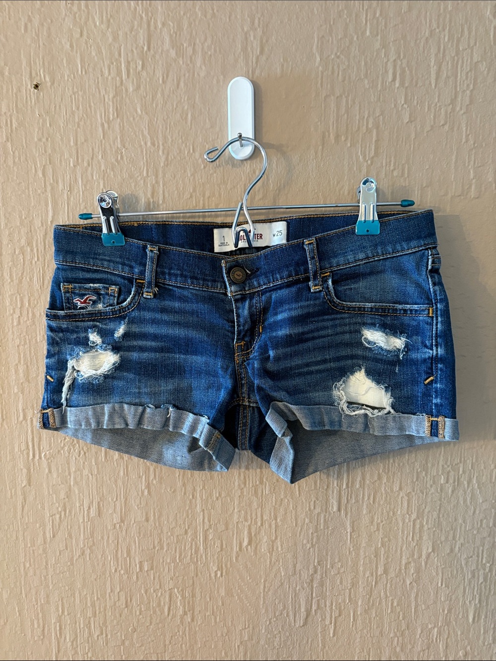 Hollister Blue Distressed Rolled-Hem Denim Shorts